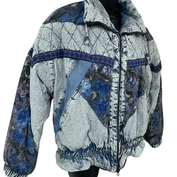 Vtg 80s 90s Acid Wash Denim Puffer Jacket Patchwork Glam Rock Hip Hop Bomber M - Picture 9 of 16